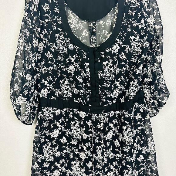 Bongo Black 3/4 Sleeve Mini A-line Dress Size M Floral Adjustable Waist Lined - Picture 3 of 11
